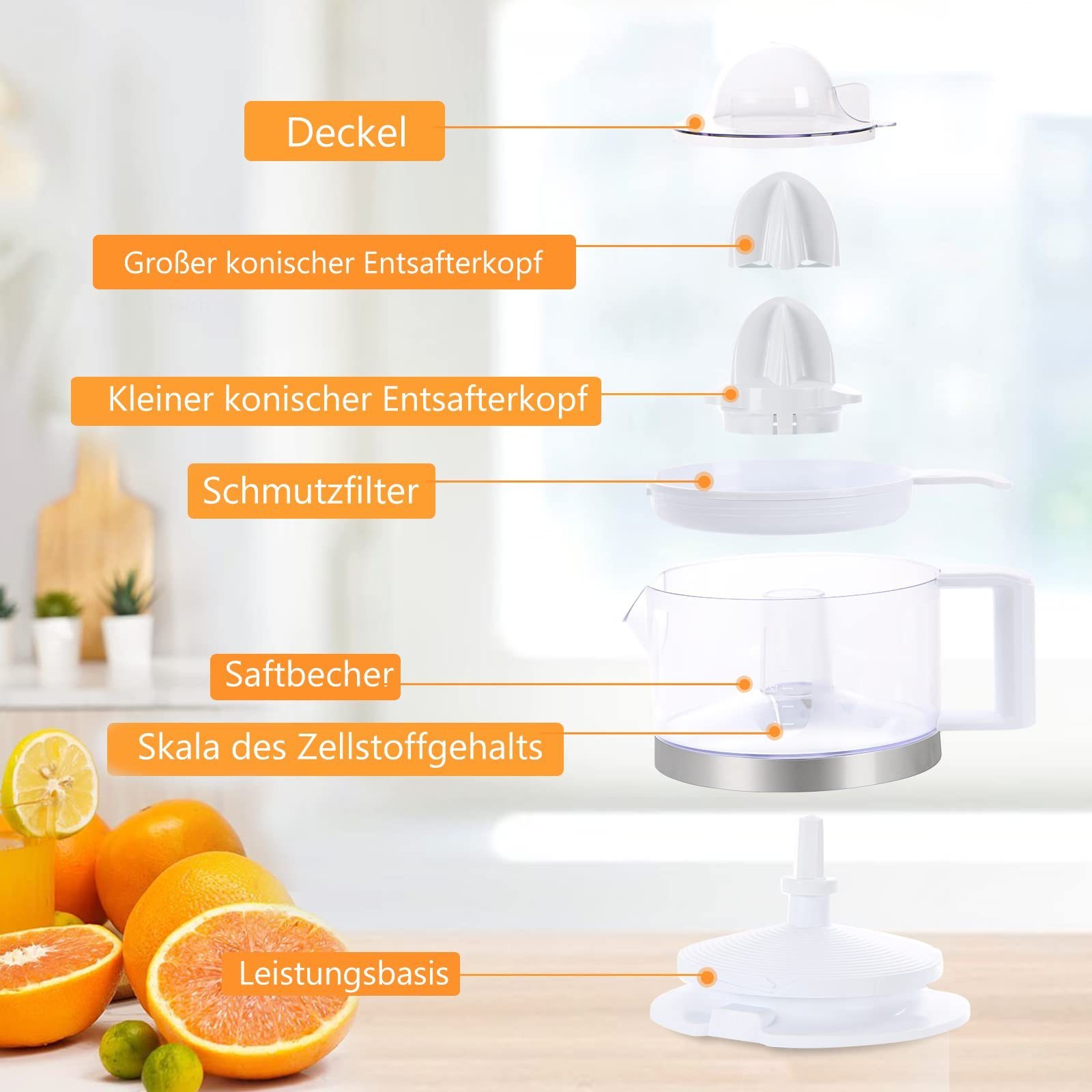 HOMELUX Zitruspresse elektrisch 500ml Entsafter mit 2 Kegel Saftpresse Orangenpresse, 45,00 W, einstellbares Fruchtfleisch Hohe Entsaftungsrate Zitronenpresse