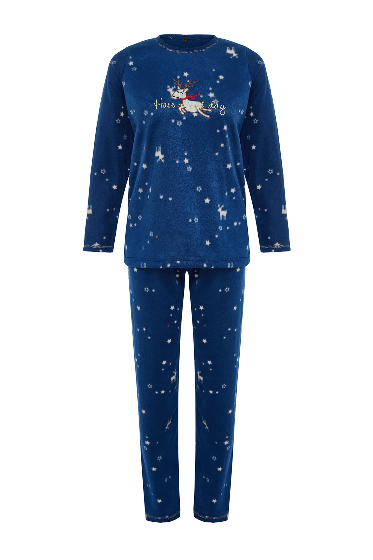 Trendyol Collection  Marineblaues gestricktes Pyjama-Set mit Polarstern-Stickerei und detaillierter T-Shirt-Hose THMAW24PT00269