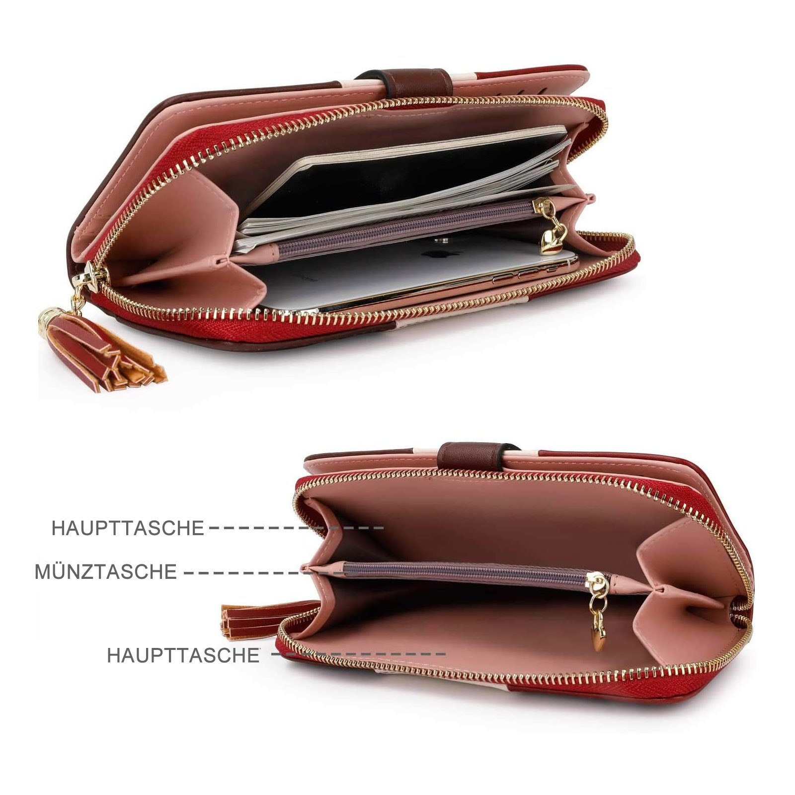 REDOM Geldbörse Damen Handytasche Portemonnaie Portmonee Geldbeutel Weich Leder Lang (Frauen Handtasche Ledergeldbörse Brieftasche mit 12 Kartenfächer, Slim Wallet, Kreditkartenetui, Kartenetui, Kartenhalter), NFC RFID-Schutz mit Münzfach Groß 19,5 x
