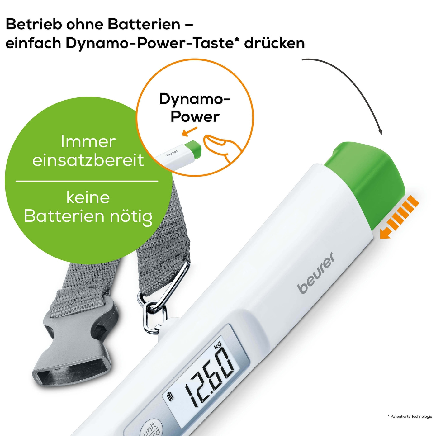 Beurer Kofferwaage LS 20 eco-Batterielose Kofferwaage mit Dynamo-Power & Hold-Funktion - bis 50 kg