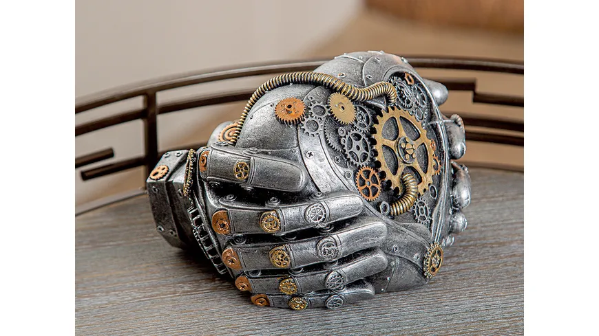 GILDE Poly Skulptur Steampunk Herz in Händen H=12cm silber