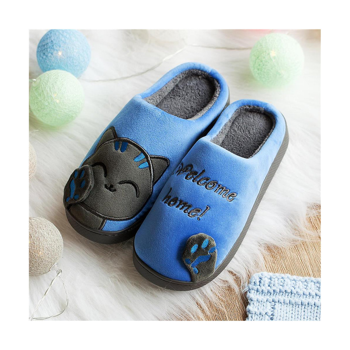 Plüsch Hausschuh Pantoffel Katze blau