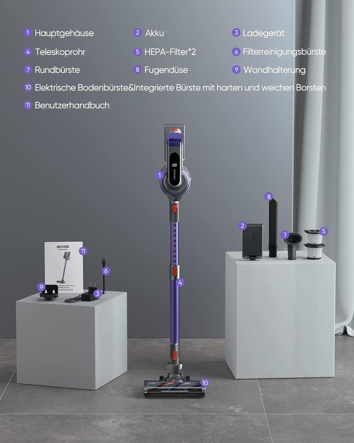 Laresar Akku-Hand-und Stielstaubsauger, 400W/33KPA Akku Staubsauger Touchscreen, Anti-Tangle-Staubsauger, Kantenreinigung, 1.5L