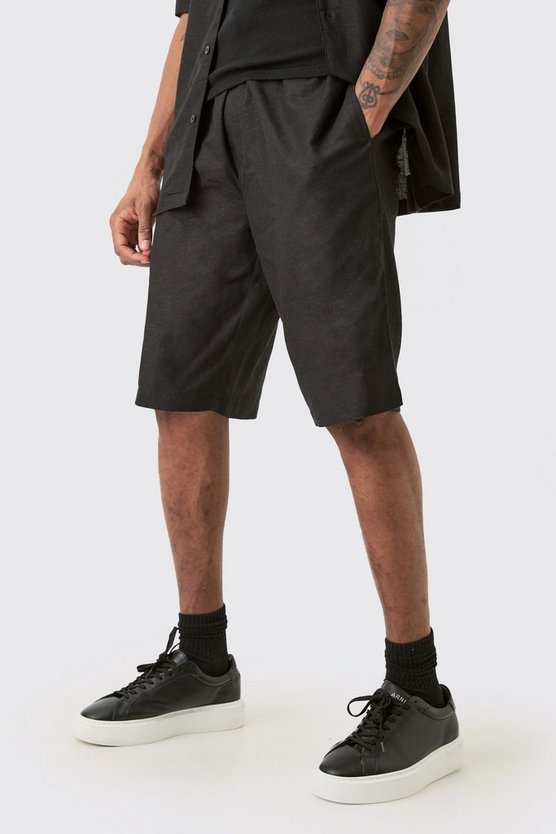 Tall schwarze Leinen-Shorts mit elastischem Bund