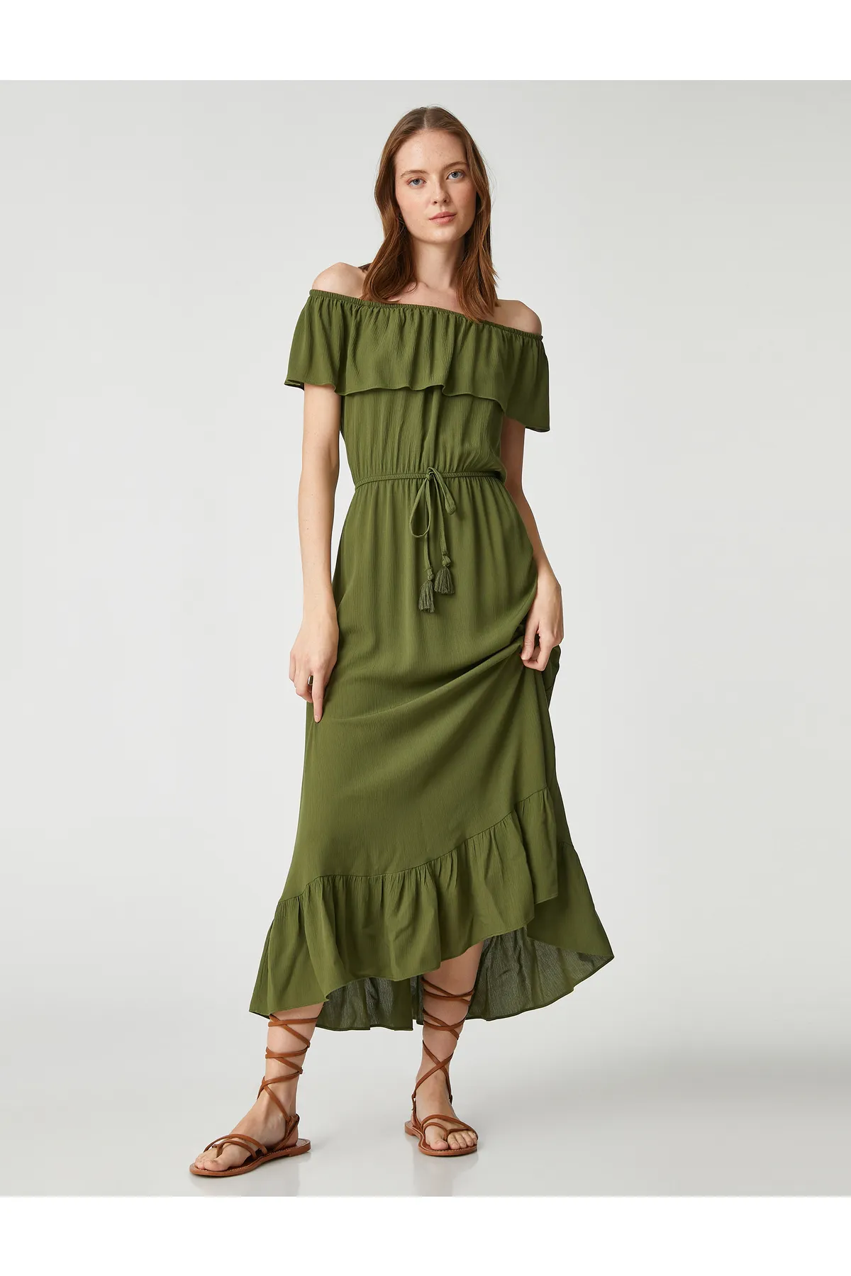 Koton  U-Boot-Ausschnitt, schlichtes Khaki-Midi-Damenkleid 3sak80001pw