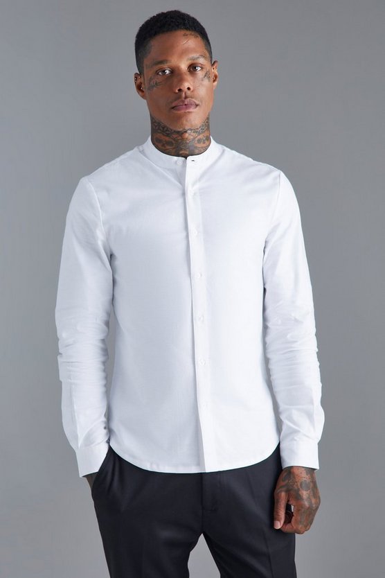 Langärmliges Slim-Fit Hemd mit Grandad-Kragen