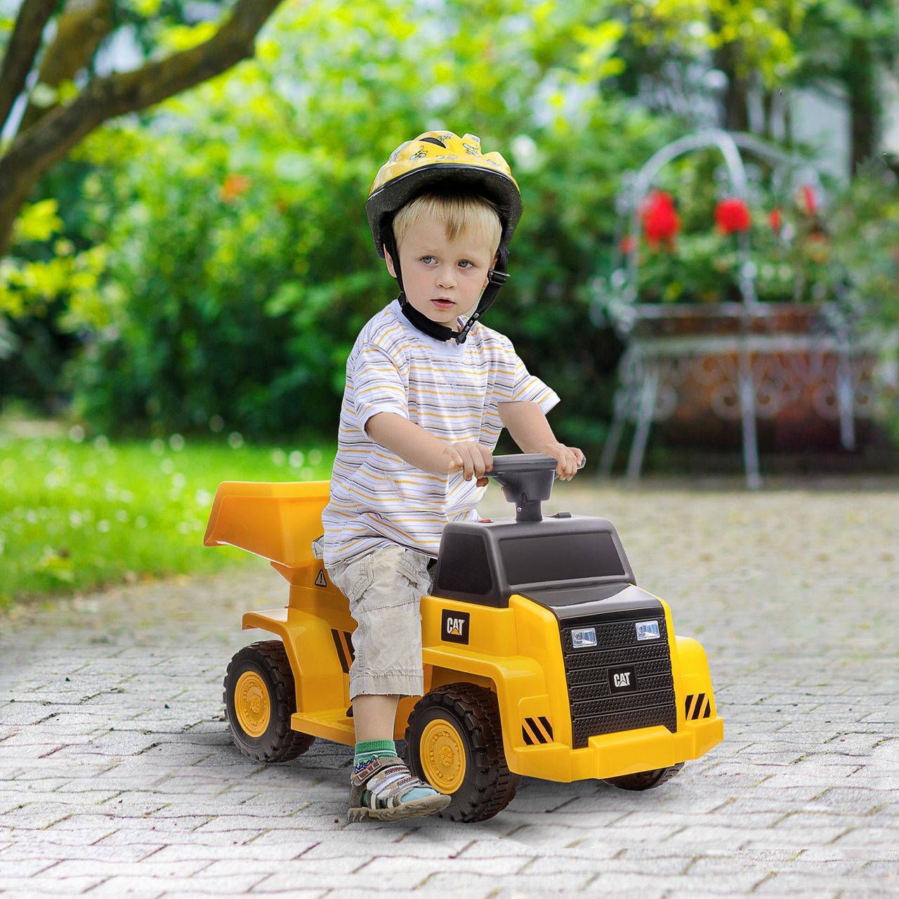 HOMCOM Elektro Kindertraktor mit kippbarer Ladefläche, max. 3 km/h Metall Gelb