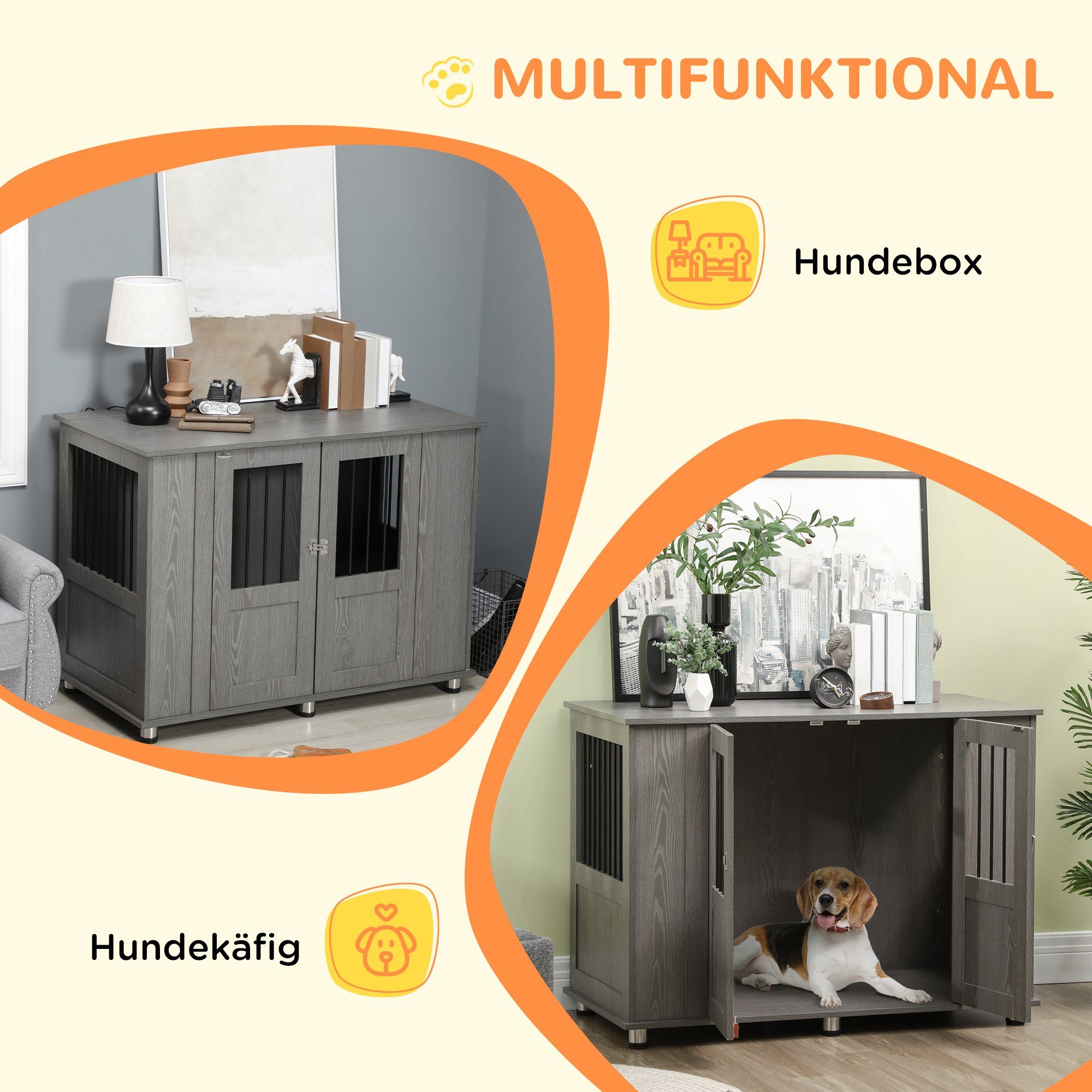 PawHut Hundehütte Haustierkäfig mit Schloss, Magnettür, Hundehaus mit Fenster, Grau, 116L x 60B x 87H cm