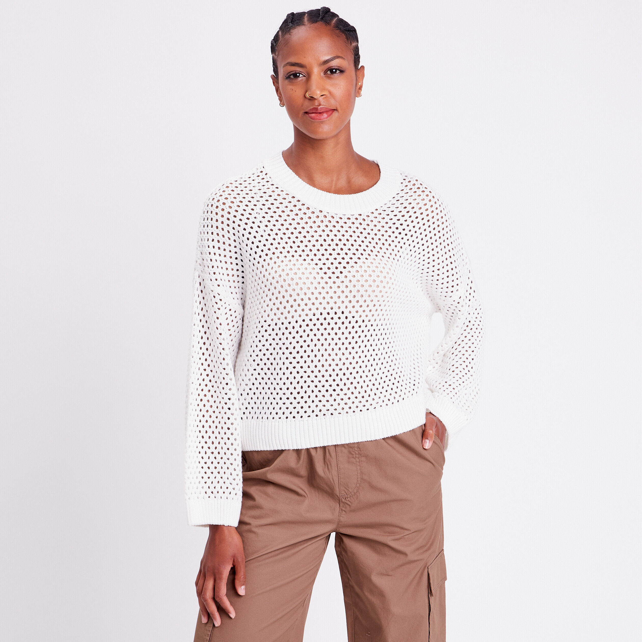 Pull ajouré col rond ecru femme | Cache Cache