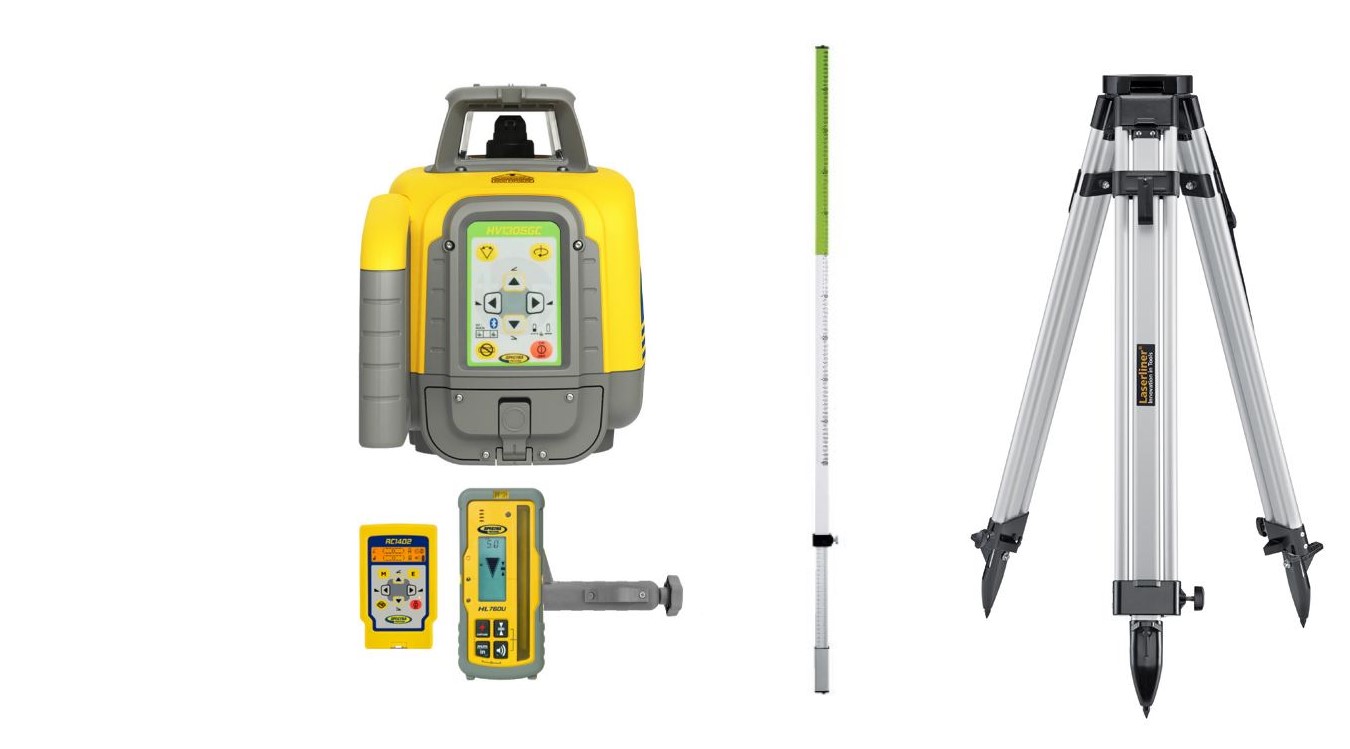 Spectra Physics HV1305GCSET HV1305GC Horisontal/Vertikal Grøn Konstruktionslaser + HL760U Modtager + Stativ 165 cm + Flexskinne