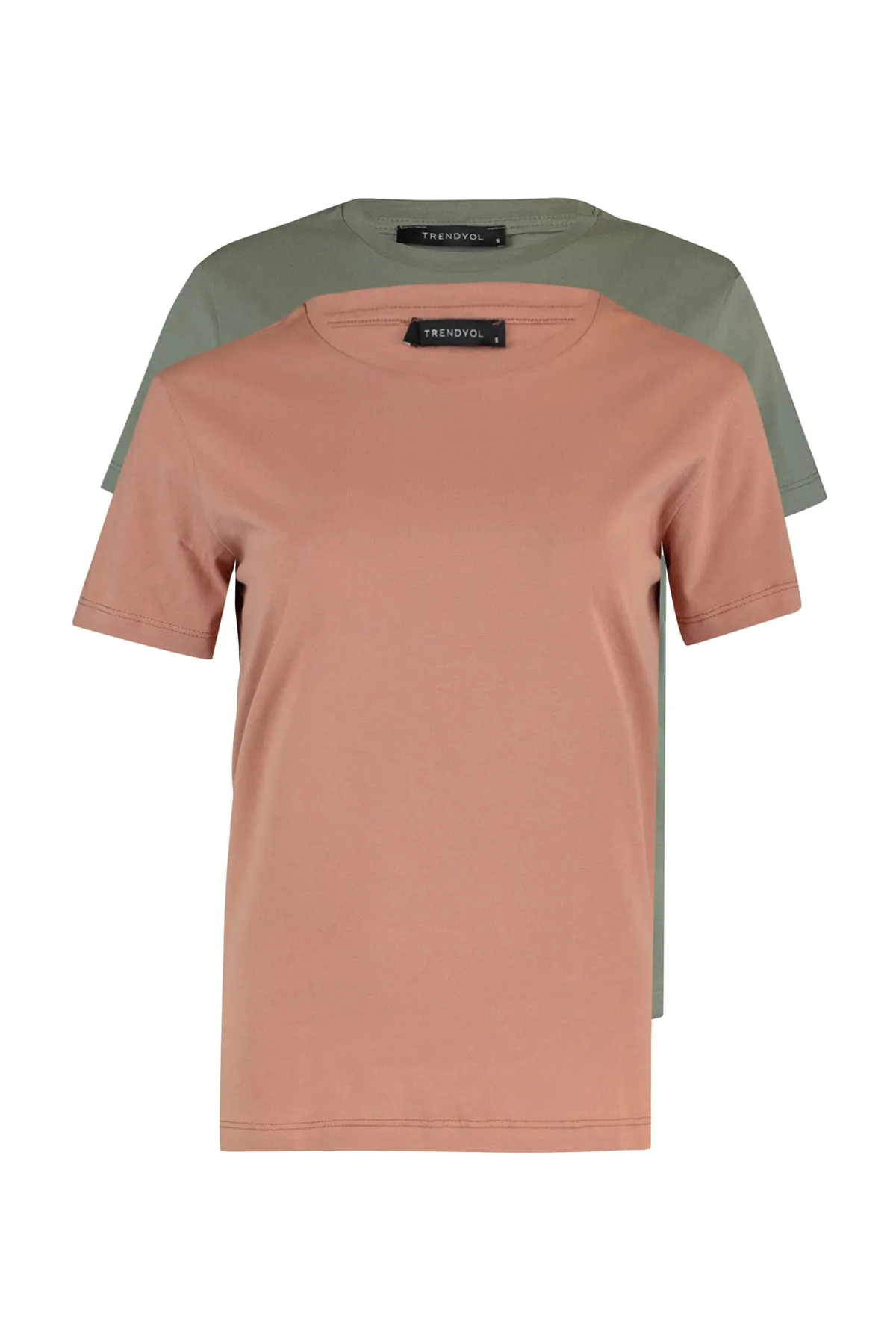 Trendyol Collection  Khaki-Lachsfarbenes 2er-Pack gestricktes T-Shirt mit Rundhalsausschnitt aus 100 % Single-Jersey-Baumwolle TWOSS20TS0141