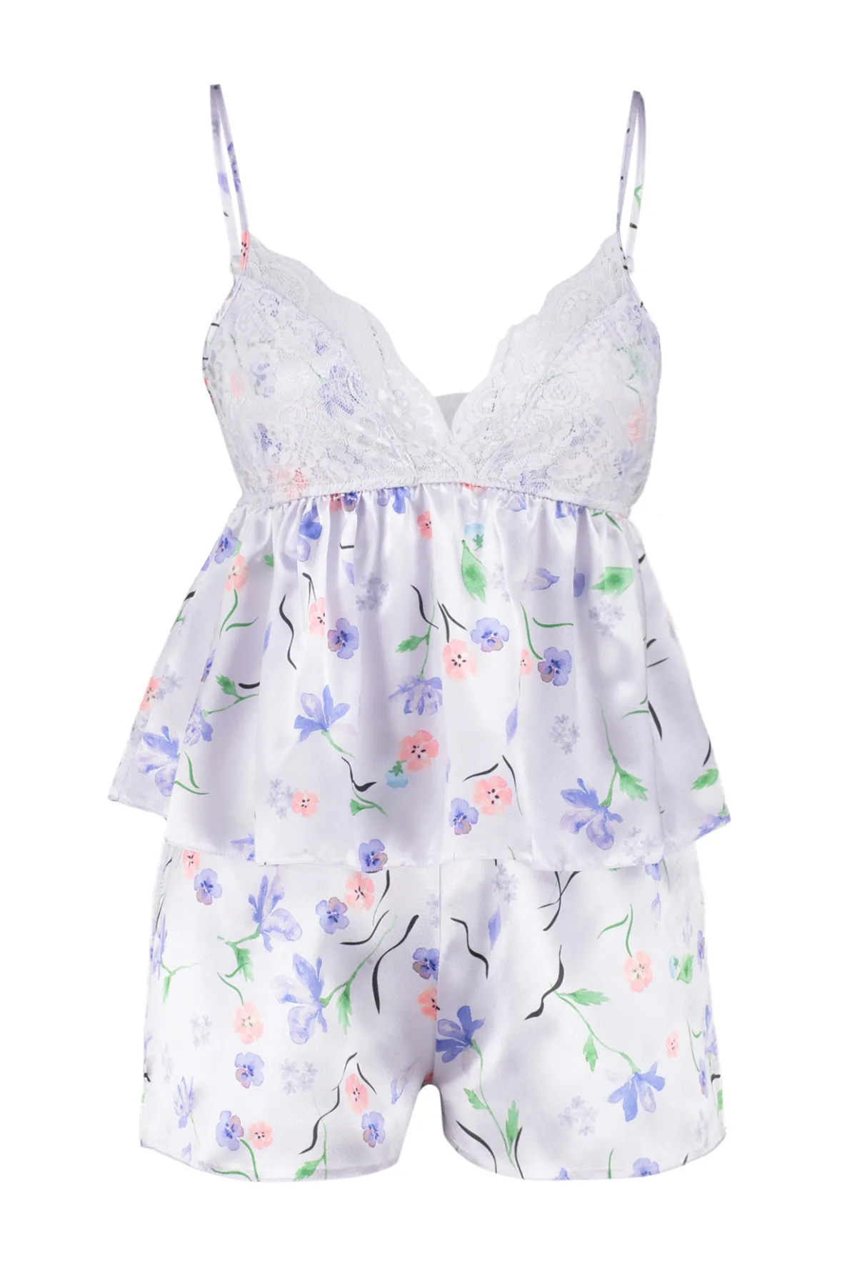 Trendyol Collection  Lilafarbenes Pyjama-Set aus gewebtem Satin mit Herz-Spitze-Details und Athleten-Shorts