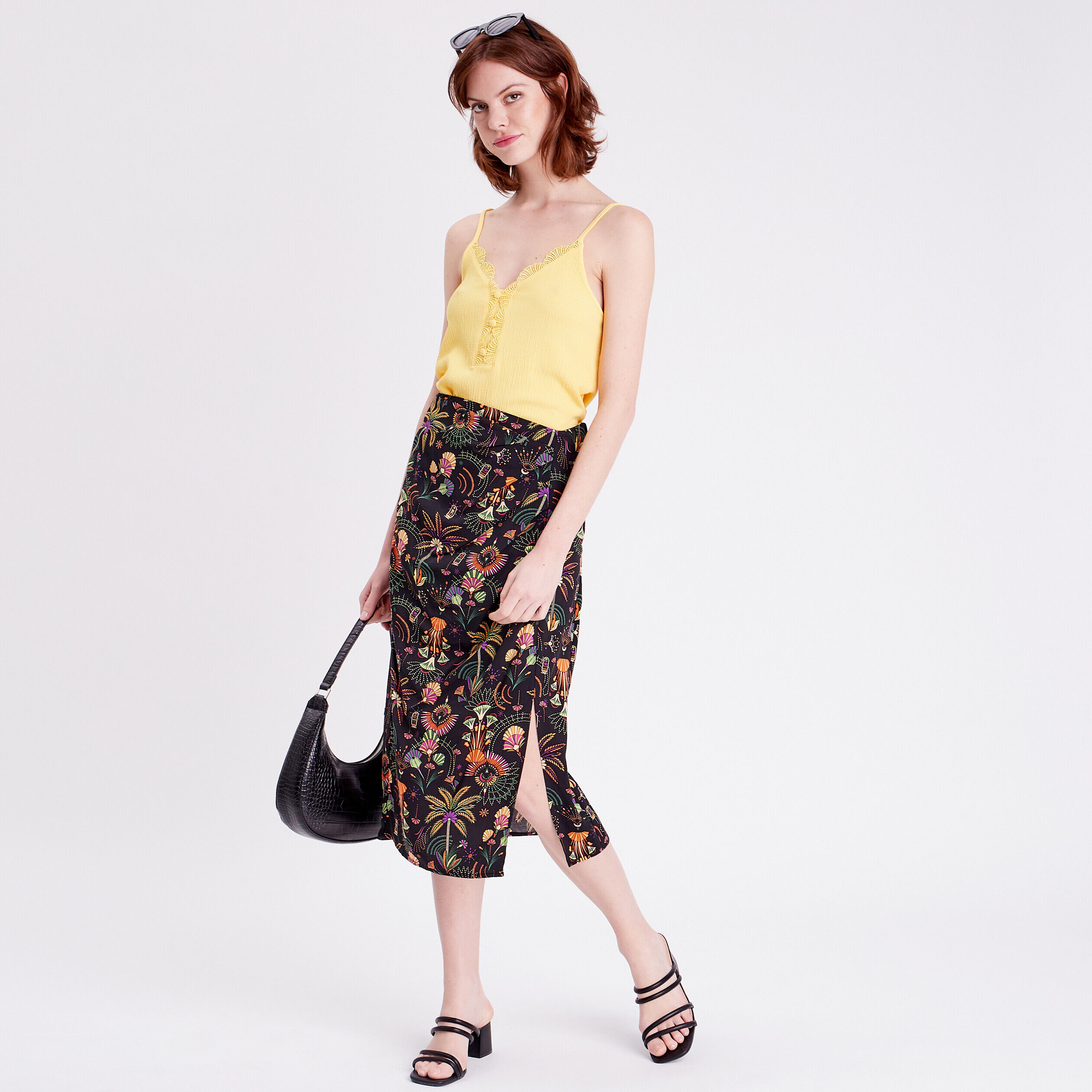 Jupe droite fluide fendue noir femme | Cache Cache