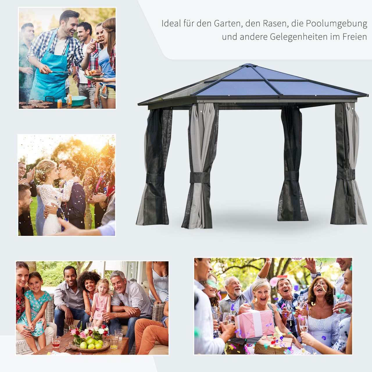 Outsunny Luxus Pavillon Gartenpavillon Alu Partyzelt Gartenzelt mit lichtdurchlässigem PC Dach Dunkelgrau Schwarz 300 x 300 x 265 cm