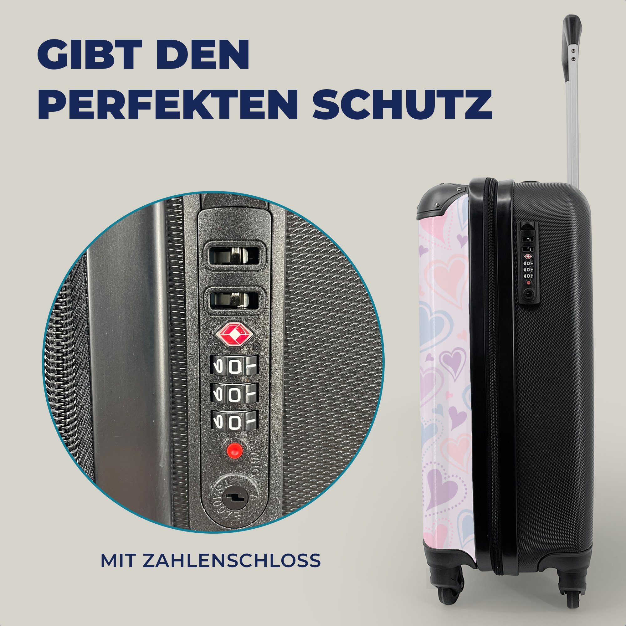 MuchoWow Handgepäckkoffer Mädchen - Herzen - Schnittmuster - Mädchen - Kinder - Kinder, 4 Rollen, Reisetasche mit rollen, Handgepäck für Ferien, Trolley, Reisekoffer