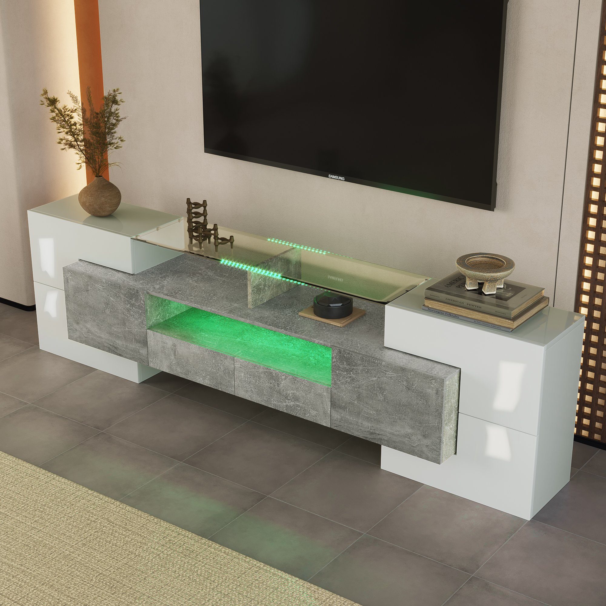 OKWISH TV-Schrank Lowboard TV Schrank (1-St., Weiß+Grau, 200 cm) LED-Beleuchtung, Wohnzimmermöbel. modernes Design