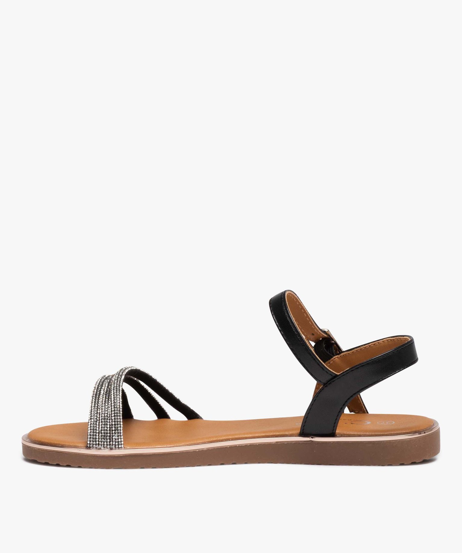 Sandales femme plates avec brides tubulaires à strass noir | GEMO