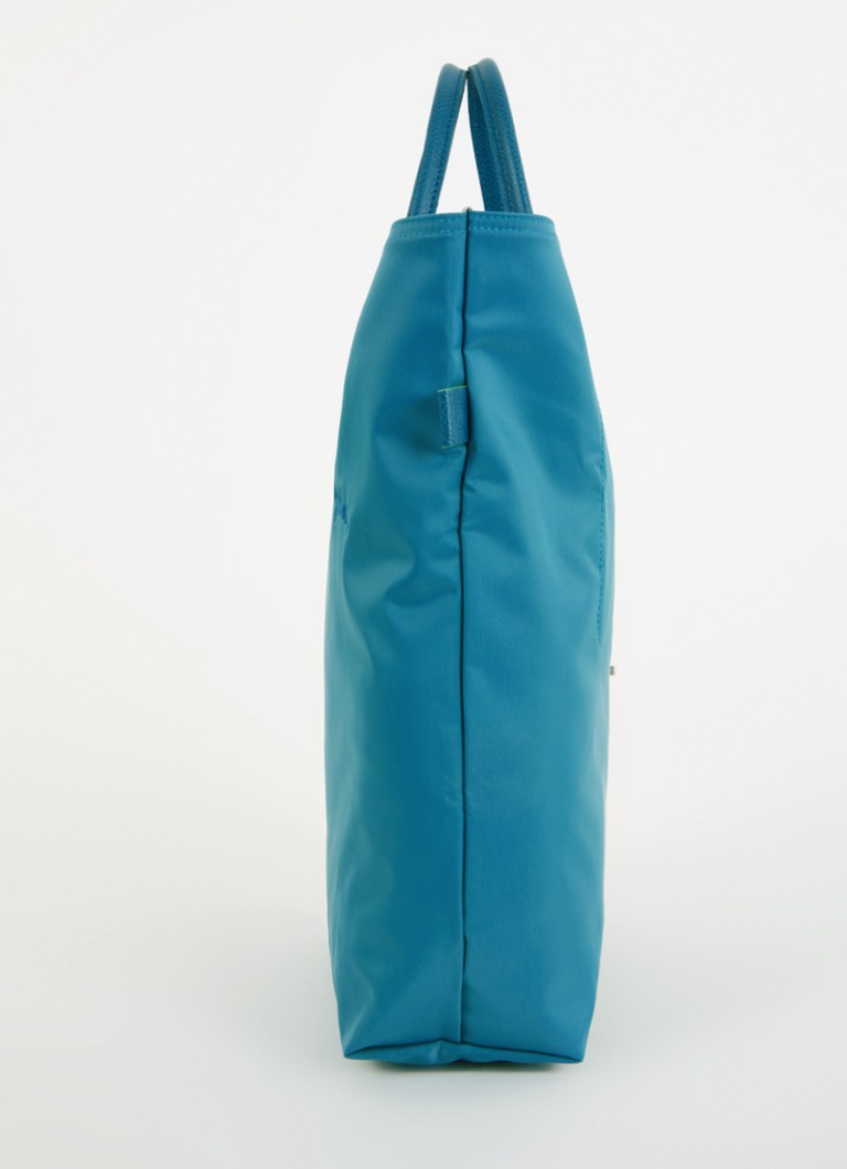 Geantă verde Longchamp Le Pliage, mărimea M, cu detalii din piele.