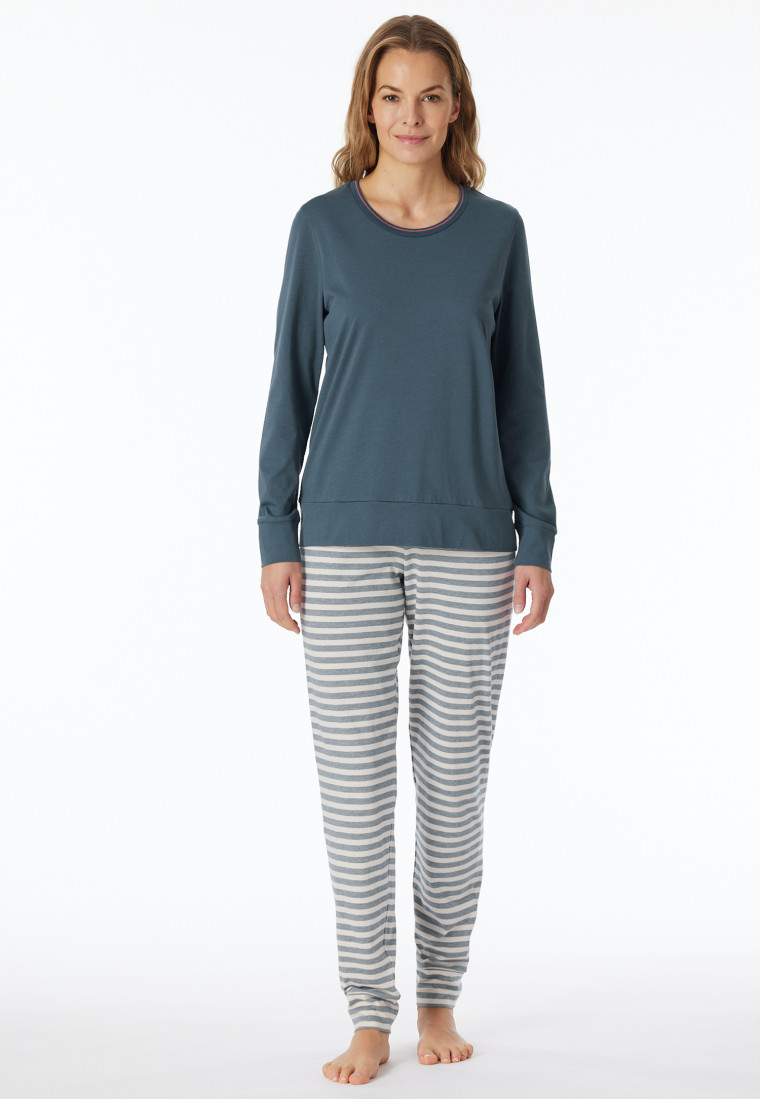 Schlafanzug lang Bündchen Ringel jeansblau - Casual Essentials