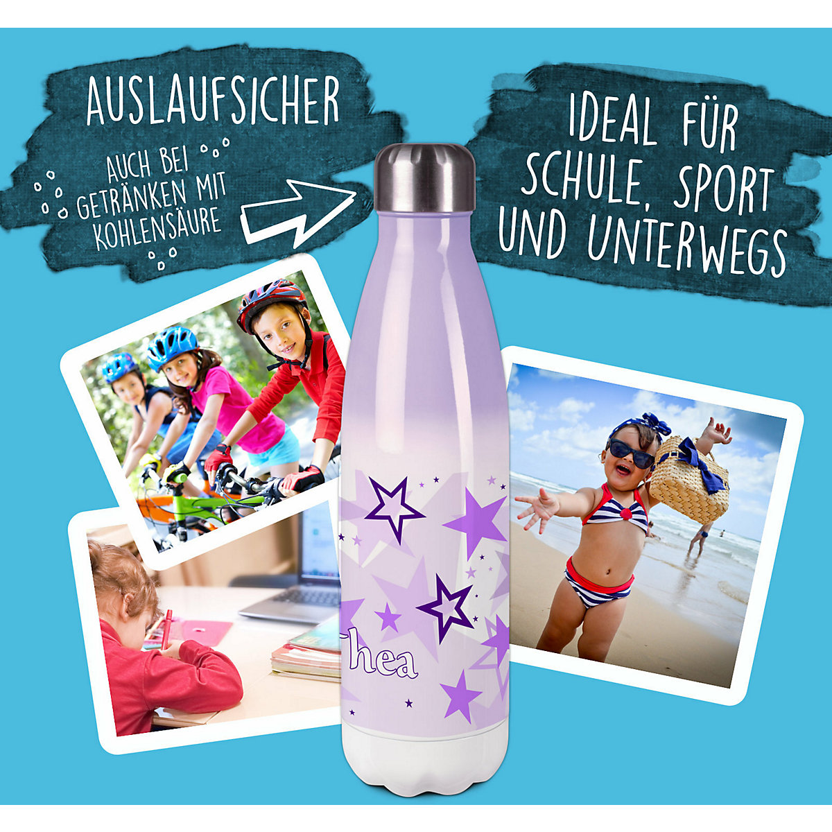 Edelstahl Kinder Thermoflasche / Trinkflasche bunt Sternenhimmel Farbe lila Spülmaschinenfest, Auslaufsicher, Bruchfest, Doppelwandig, Für Heißgetränke geeignet, Mit Deckel, Isoliert