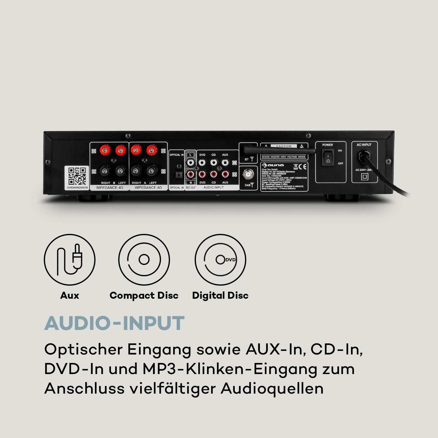 Auna AMP-CD608 DAB Audioverstärker (Anzahl Kanäle: 4-Kanal, 400 W, Digital Audio Bluetooth Verstärker HiFi Stereo Amplifier DAB+ Radio)