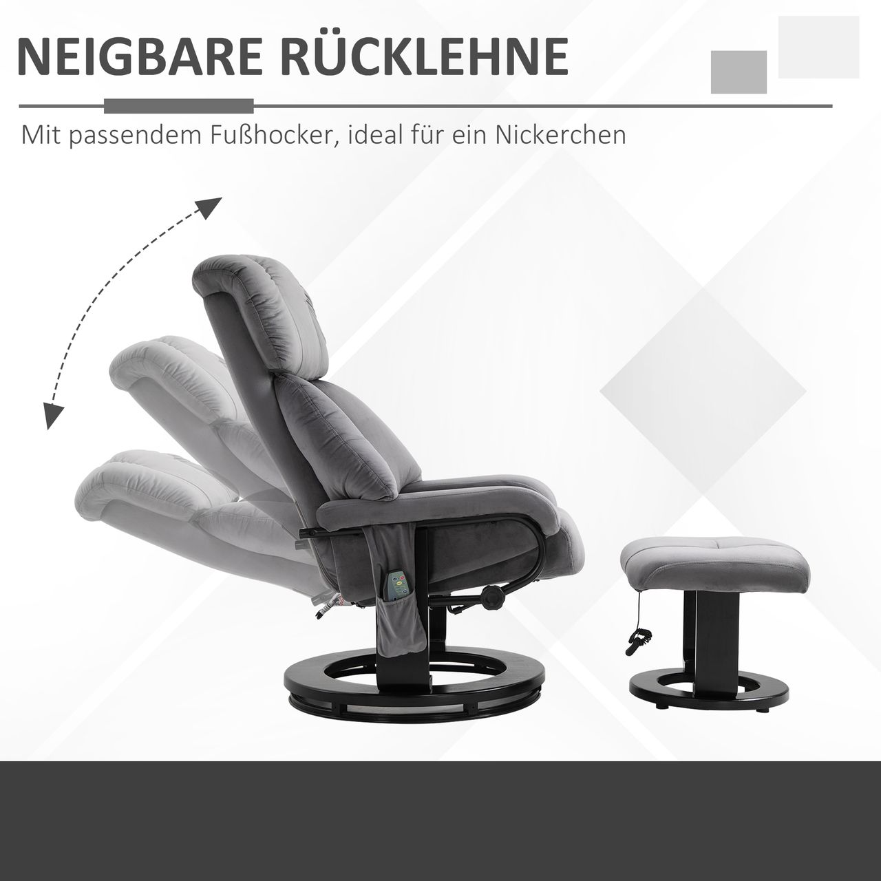 HOMCOM Massagesessel Fernsehsessel Sessel mit Hocker Massagefunktion samtartiges Polyester Grau 76 x 80 x 102 cm