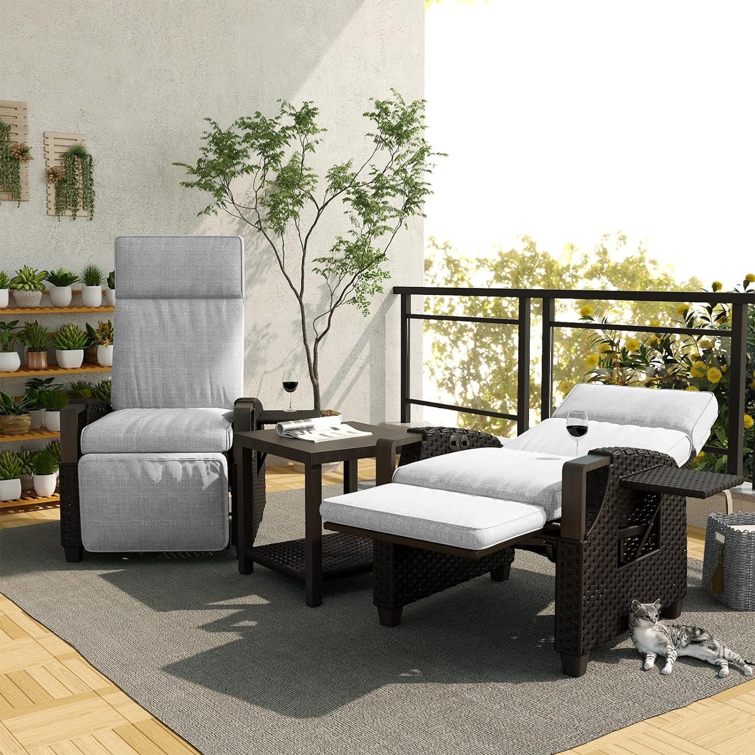 Grand patio Gartensessel Liegesessel mit Sitzkissen, Aluminiumgestell, verstellbare Rückenlehne, mit Klapptisch, mit 2 Knöpfen