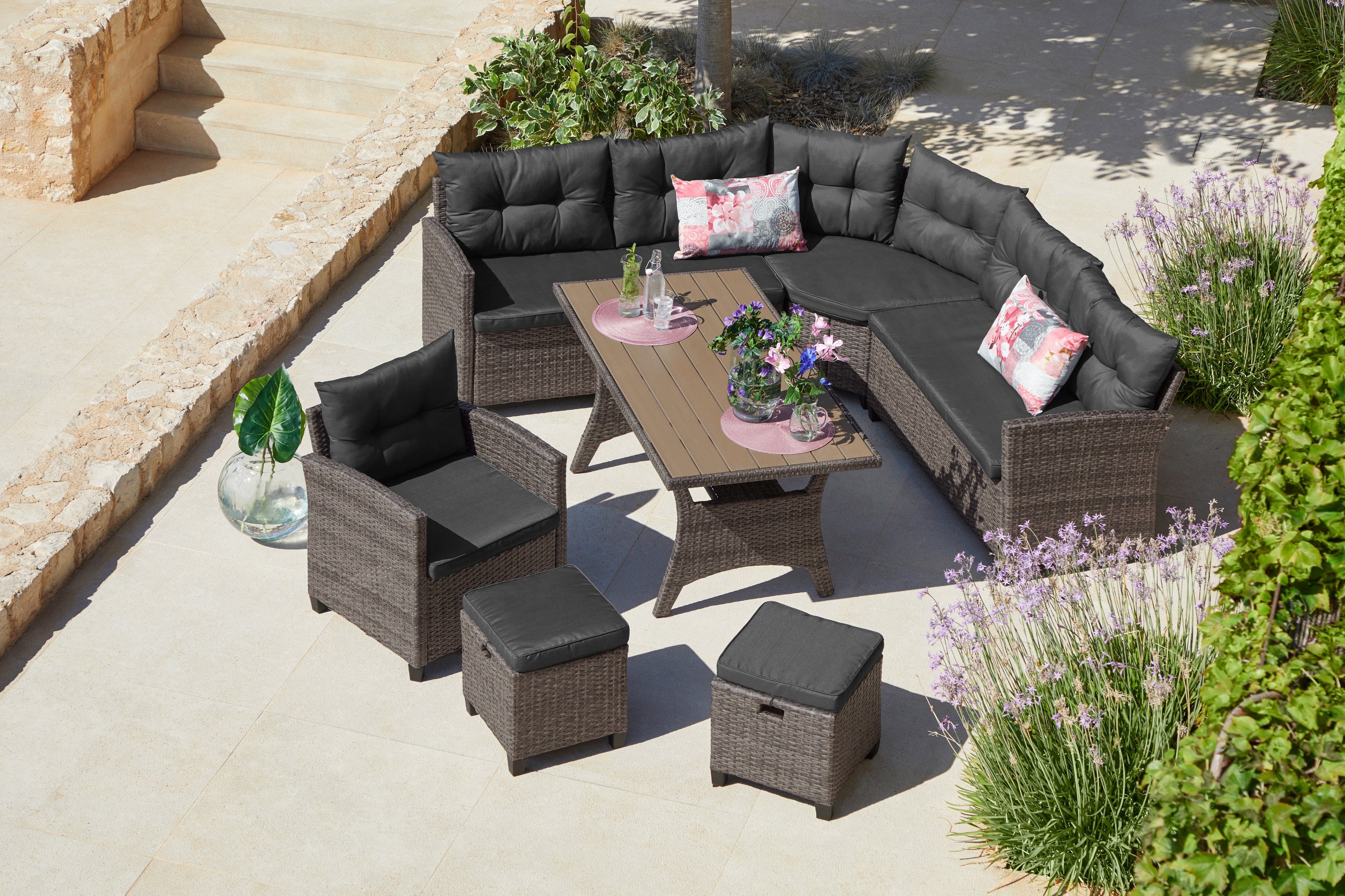 KONIFERA Gartenlounge-Set Keros Premium, (20-tlg), Ecklounge, 2 Hocker, Sessel, Tisch, Polyrattan