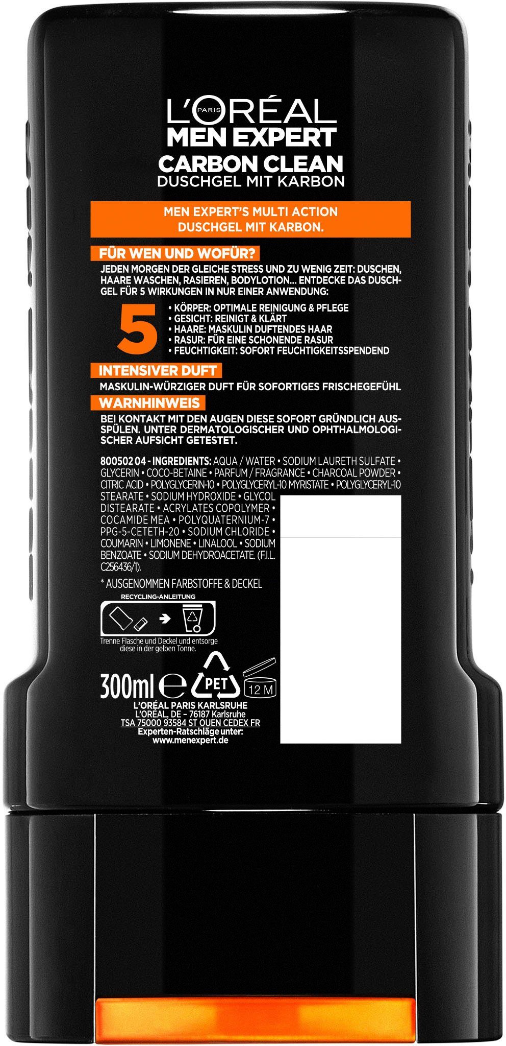 L'ORÉAL PARIS MEN EXPERT Duschgel Carbon Clean, reinigt sensible Männerhaut & spendet Feuchtigkeit