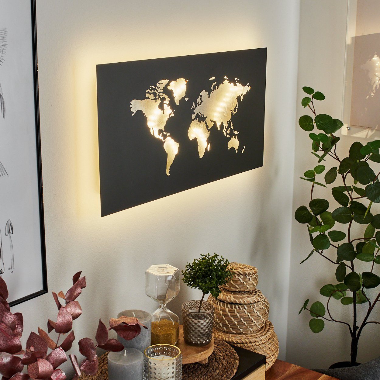 hofstein Wandleuchte Vendicio Wandlampe aus Metall in Schwarz/Silberfarben, 3000 Kelvin, LED Weltkarte Wandbild mit Lichteffekt, LED 170 Lumen