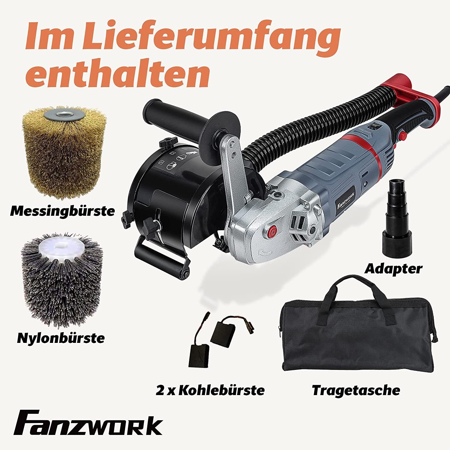 Fanztool Winkelpolierer FANZWORK 1500 Watt Satiniermaschine Schleifmaschine Bürstenschleifgerä, 3200 max. U/min, (Spar-Set, 2 tlg)