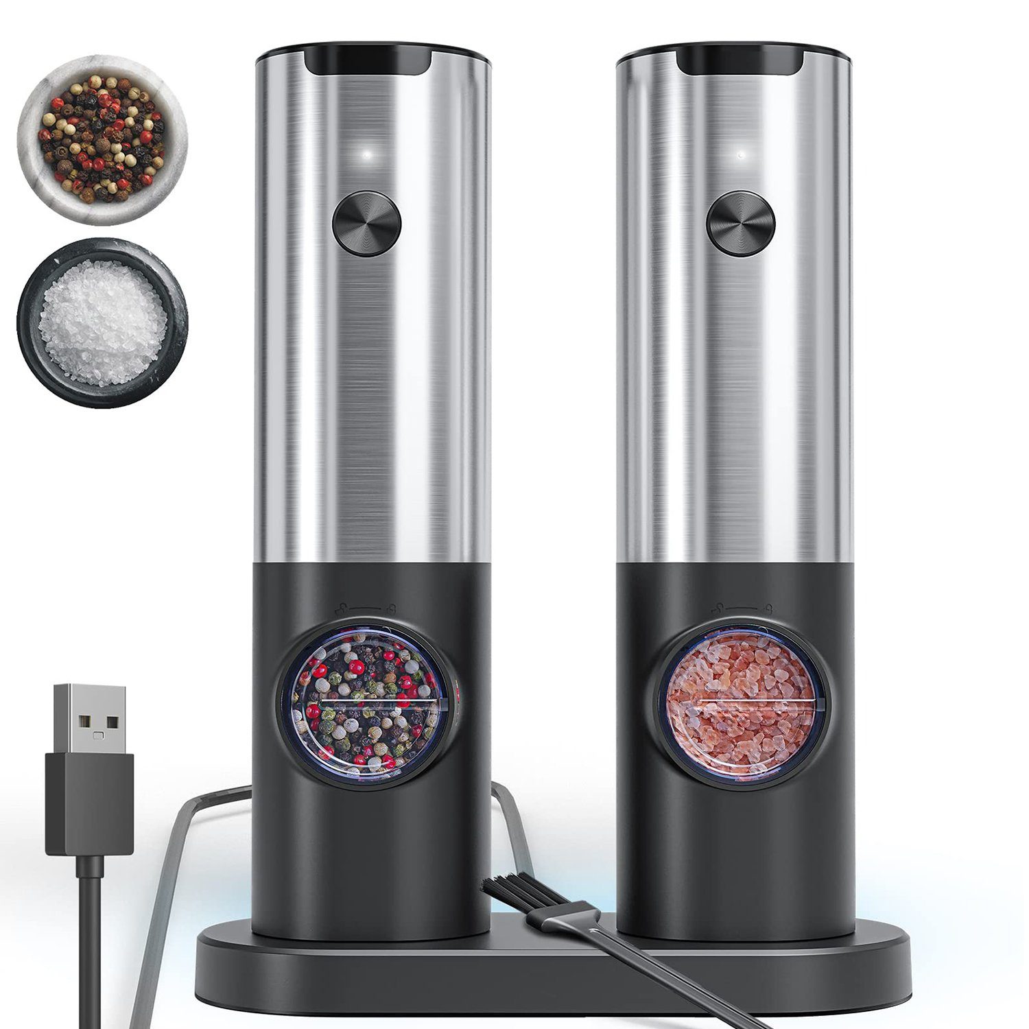 AKKEE Pfeffermühle Salz und Pfeffermühle Elektrisch mit Basis,Wiederaufladbare USB Elektrische Salz und Pfeffermühlen Set, (1 Stück), LED-Licht,Edelstahl-Einhand-Küchenhelfermühle