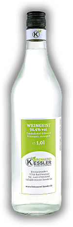 Kessler Weingeist Ethanol Primasprit 96,4%vol. (Trinkalkohol) 1,0 Liter Kessler Weingeist Ethanol Primasprit 96,4%vol. (Trinkalkohol) 1,0 Liter  1	 Liter - Vol 96,4%