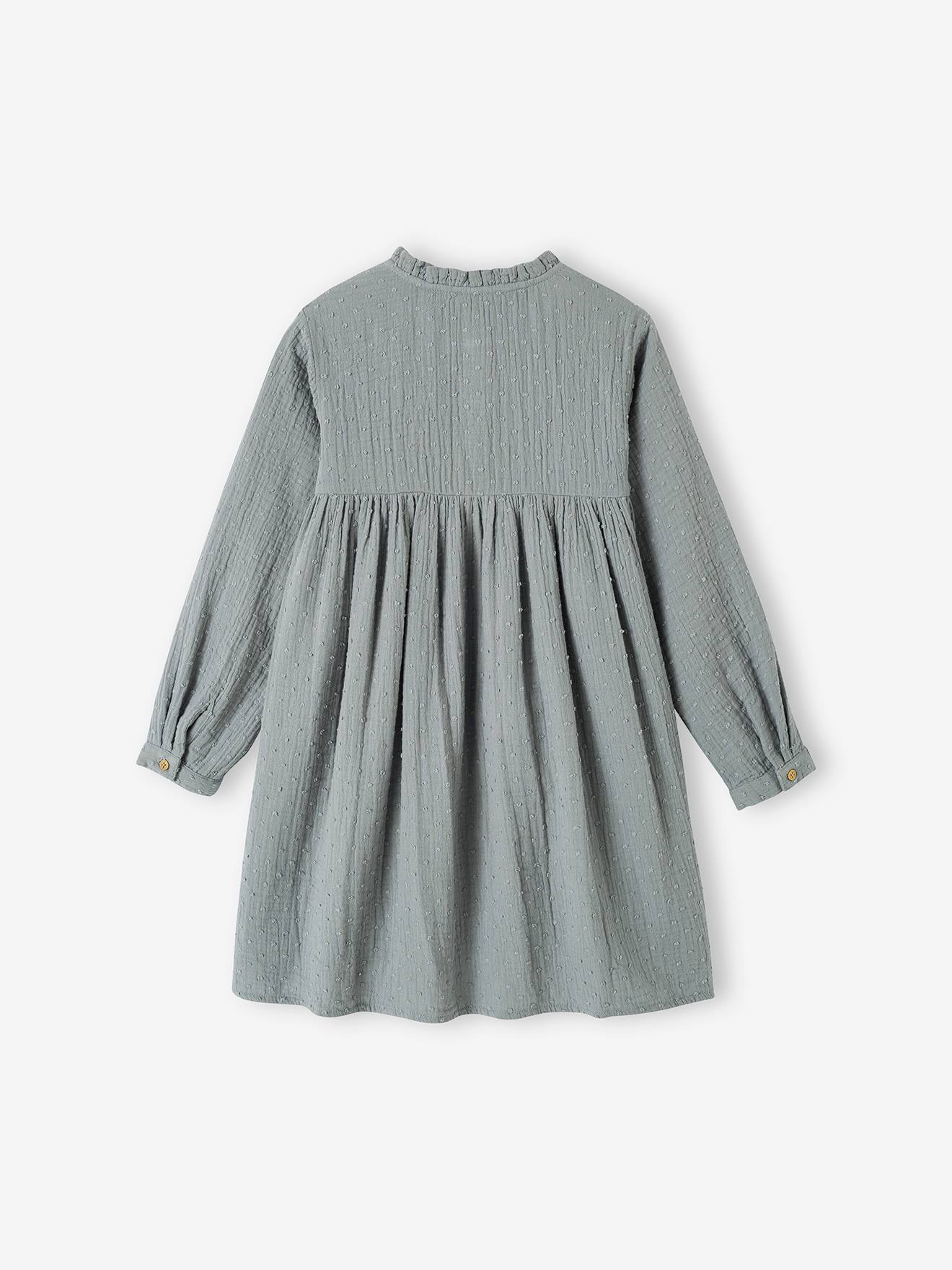 Vertbaudet Mädchen Kleid mit Glanztupfen, Musselin - grün bedruckt