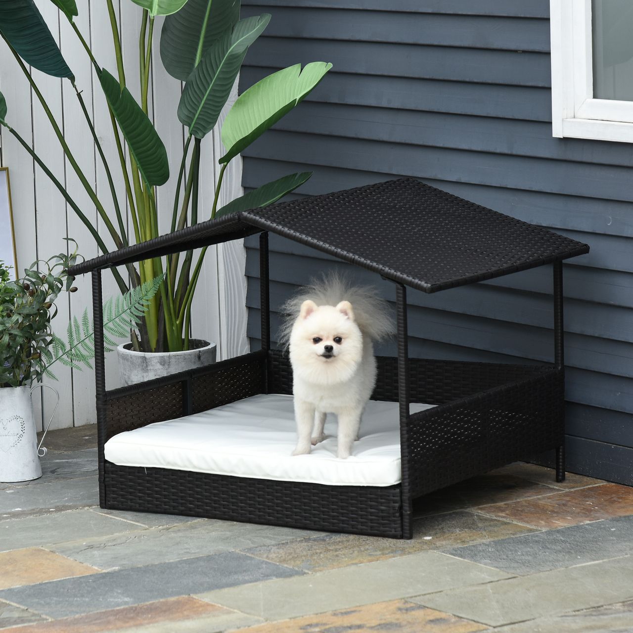 PawHut Rattan Hundehaus Hundebett Kissen Hausform Outdoor Hundehütte Stahl PP