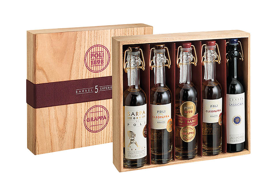 Grappa 5 Barrel Experience Poli 5 bouteilles de 100 ㎖, Caisse bois