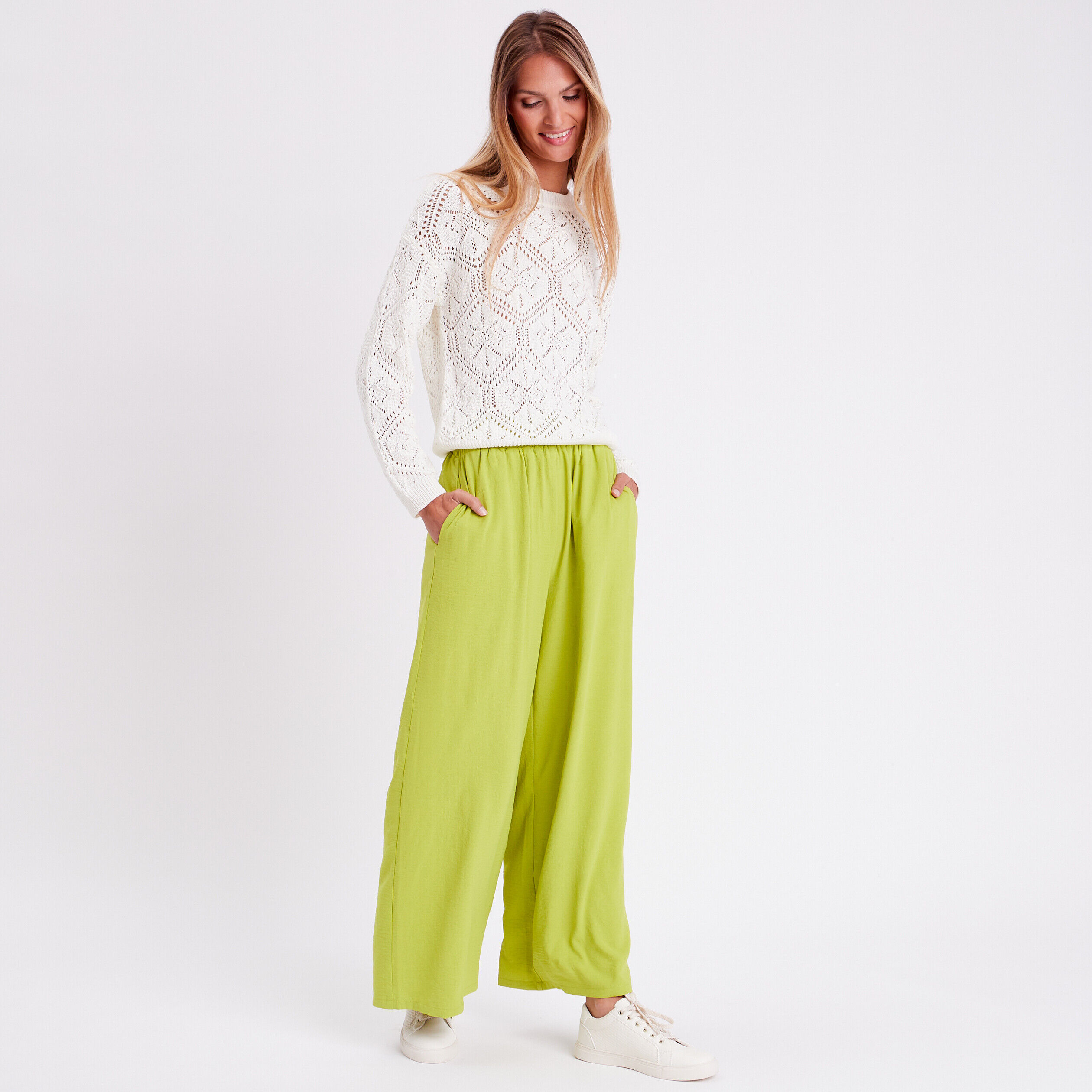 Pantalon droit fluide vert anis femme | Cache Cache