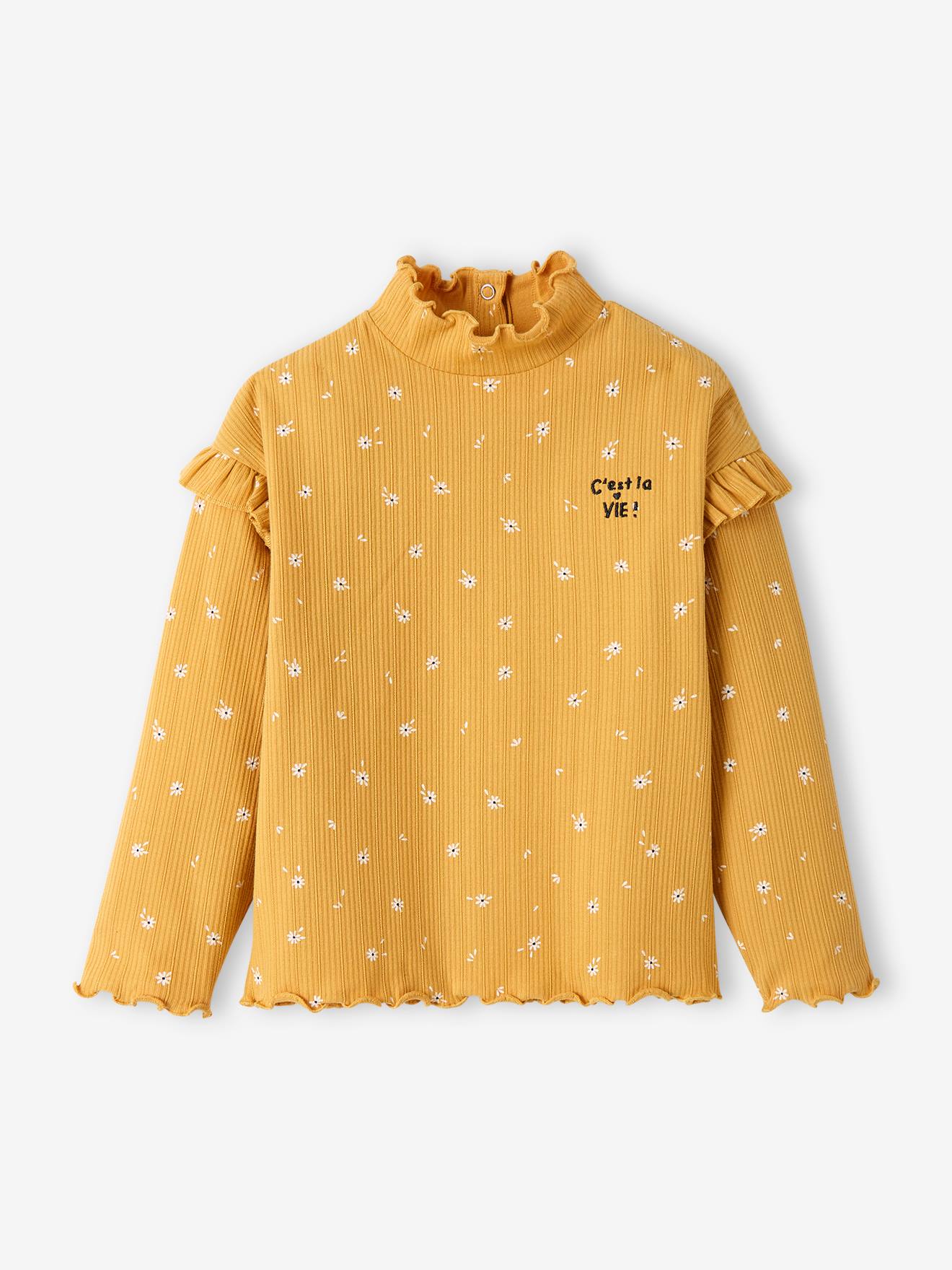 T-shirt col montant en maille côtelée fille manches volantées ocre