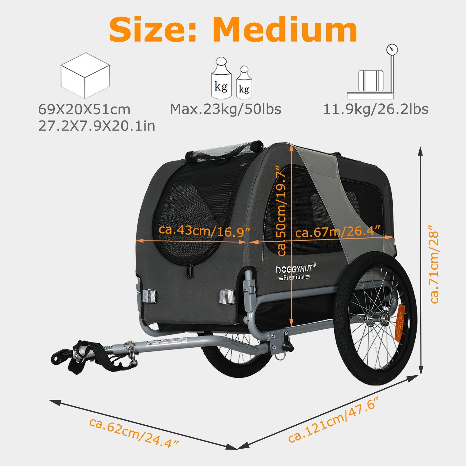 TIGGO Fahrradkinderanhänger DOGGYHUT® MEDIUM Hundefahrradanhänger Hundeanhänger Fahrradanhänger, Verstellbare Sicherheitsleine