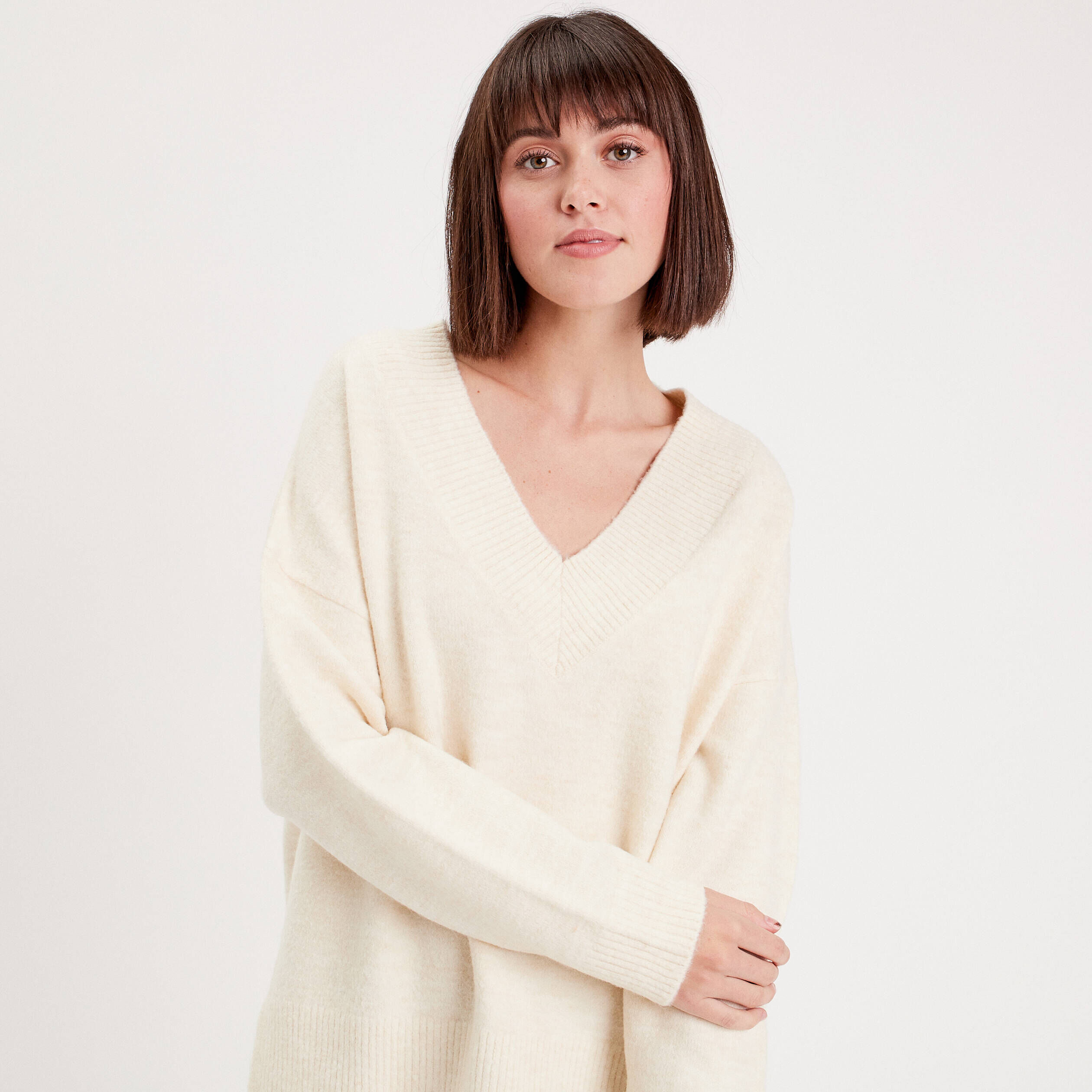 Pull manches longues col en V ivoire femme | Cache Cache