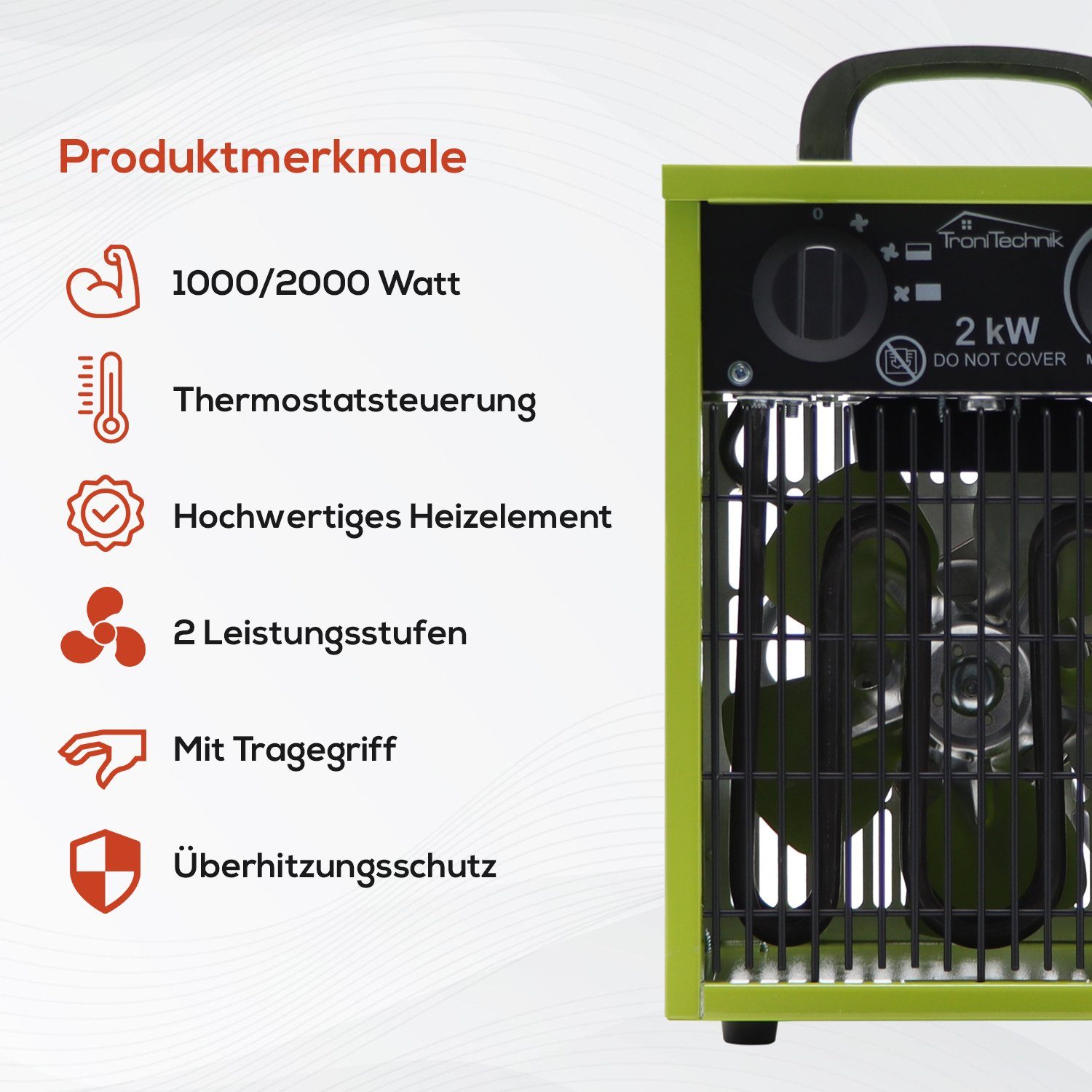 TroniTechnik Heizlüfter Industrieheizung, Heizgerät, Schnellheizer TT-EIH-152,Stahlheizelement, 2000 W, zwei Heizstufen, Überhitzungsschutz und Abschaltautomatik, Thermostat