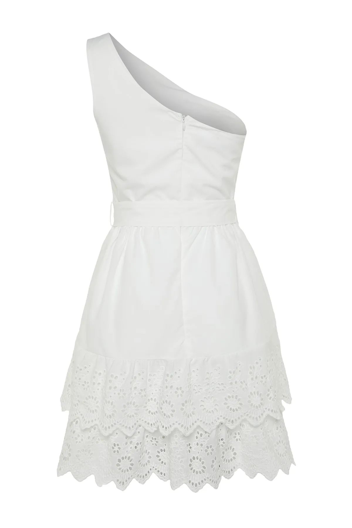 Trendyol Collection  Ecru-Taillenöffnung, Stickerei, detailliertes One-Shoulder-Minikleid aus Webstoff TWOSS23EL00004