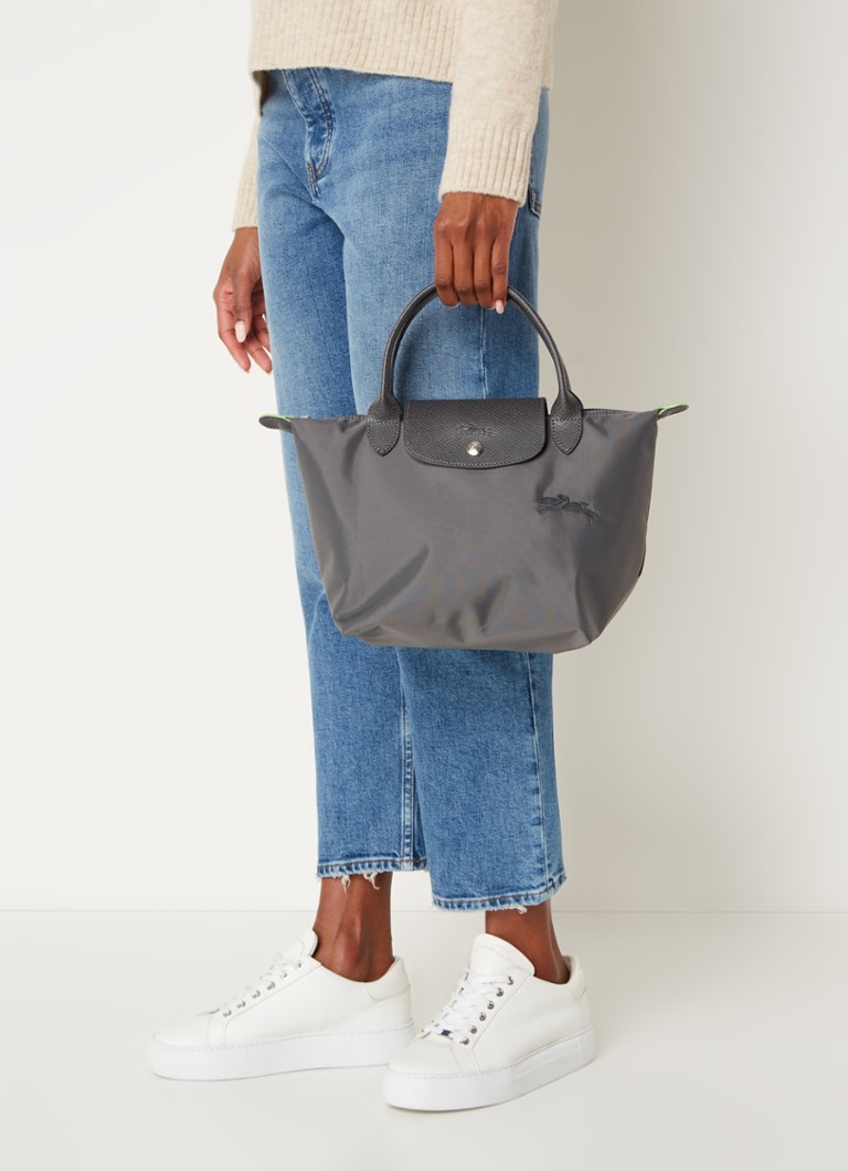 Geantă verde Longchamp Le Pliage, mărimea S, cu detalii din piele.