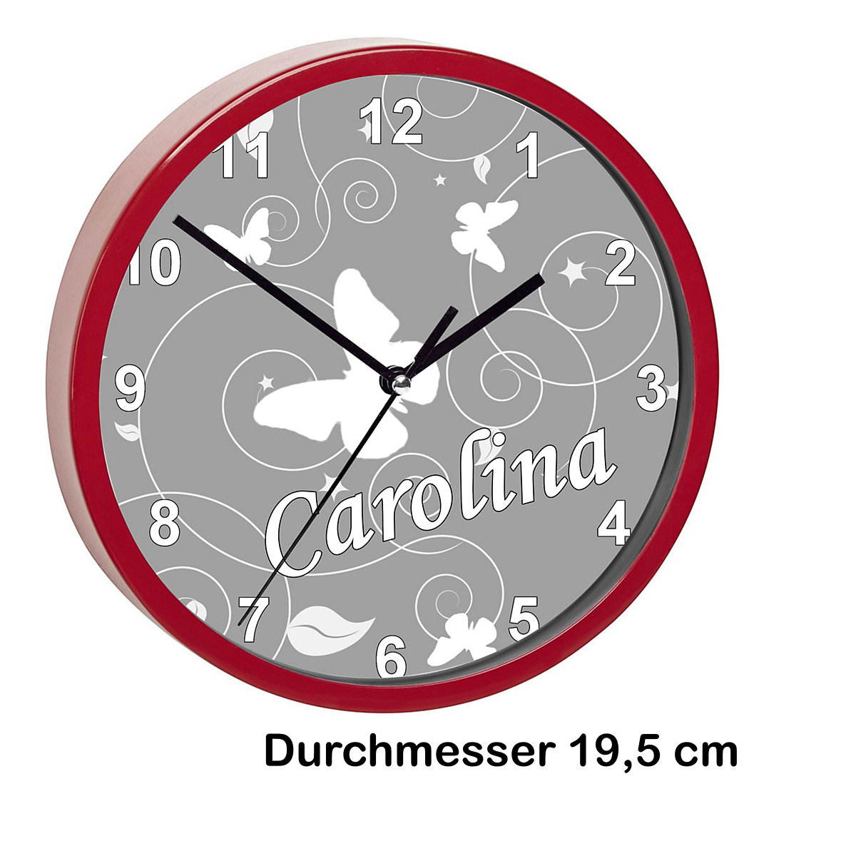 Kinder Wanduhr personalisiert mit Name Schmetterling Ornamente grau