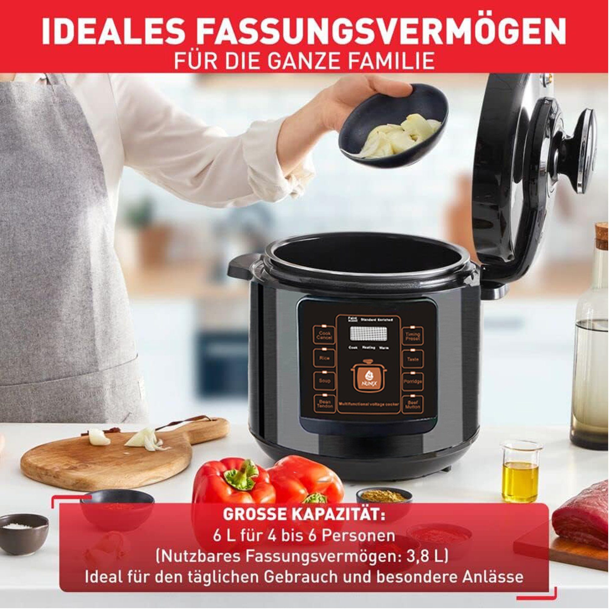 Mutoy Reiskocher Digitaler Reiskocher mit Dampfgarer weiß,Multikocher 6 Liter, Schnellkochtopf,Warmhaltefunktion, Timer,8 Automatische Programme