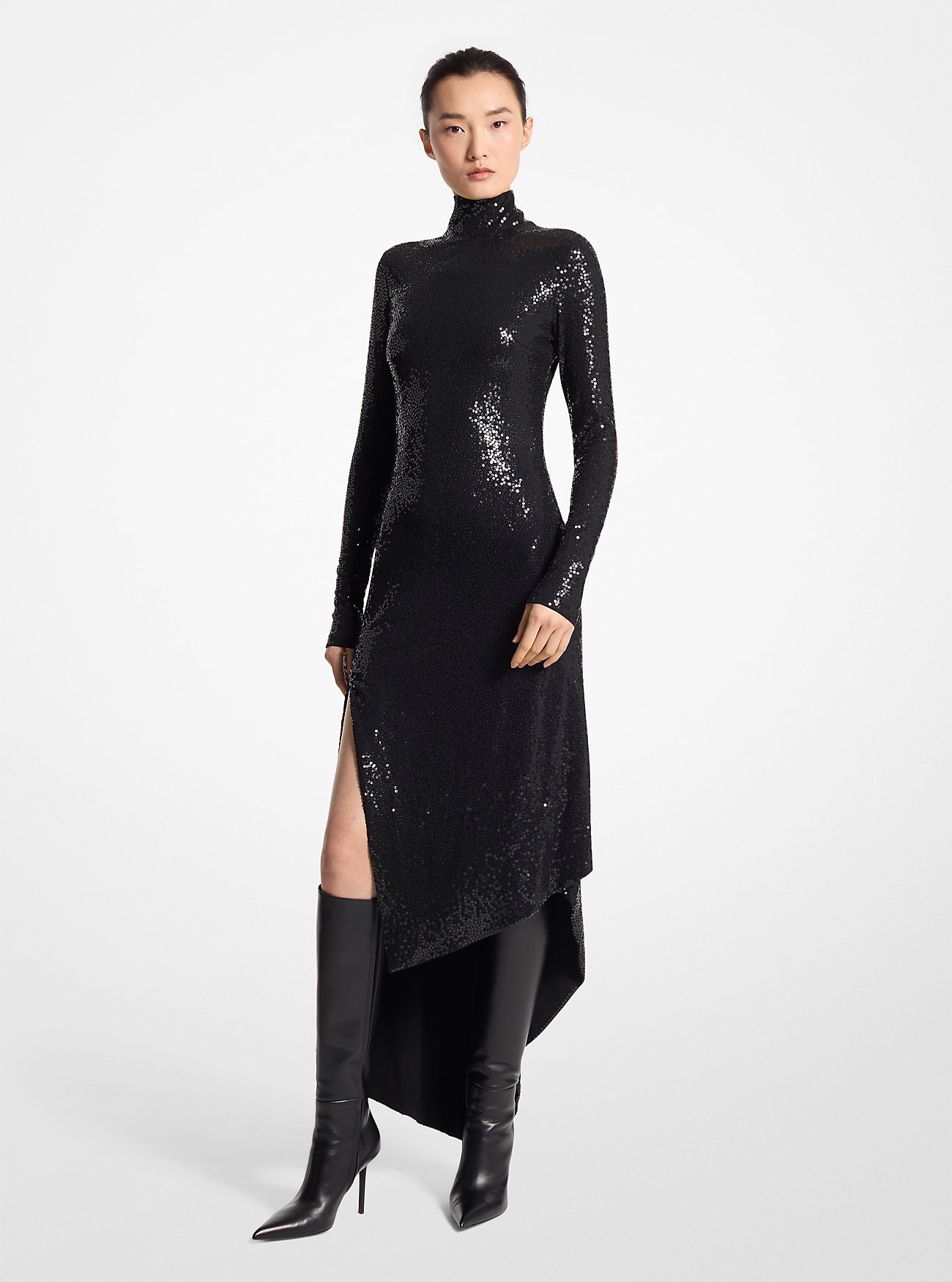 Abito a collo alto in jersey elasticizzato opaco con paillettes - NERO