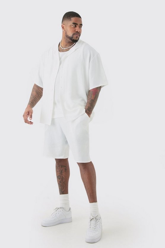 Plus kurzärmliges Leinen-Hemd & Shorts in Weiß