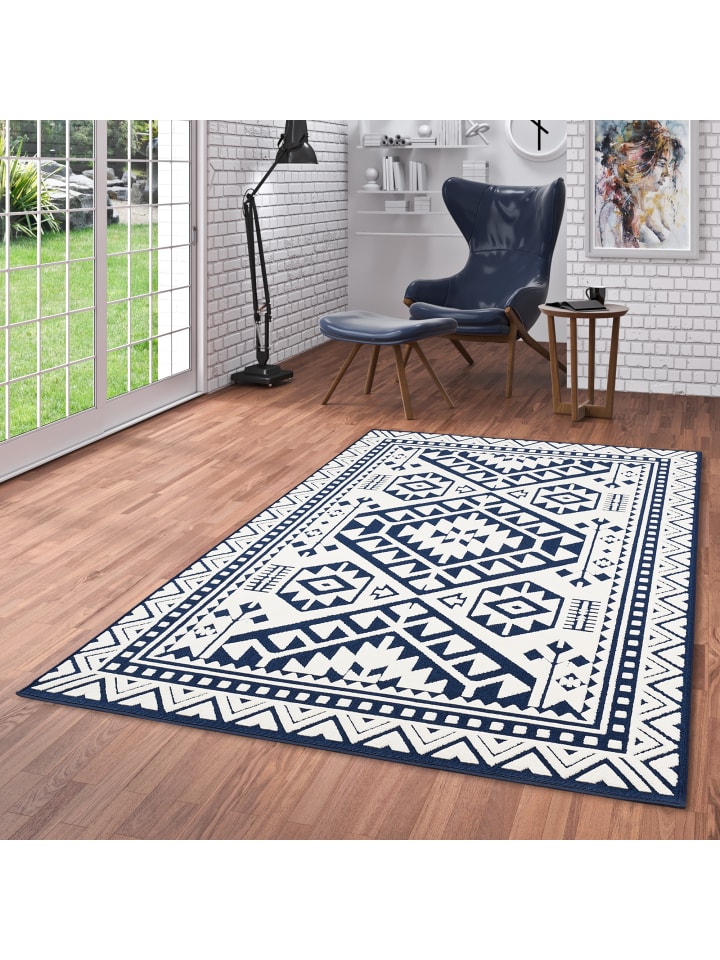Pergamon In- und Outdoor Teppich Santorin Ethno Bordüre in Blau günstig kaufen 140 x 200 cm