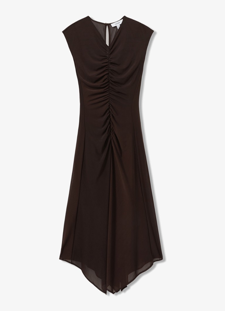 Robe midi Lyra de Reiss, ornée de volants et d'un ourlet asymétrique.