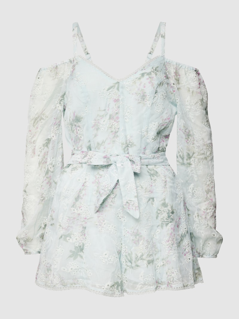 Cold-Shoulder-Jumpsuit mit floraler Lochstickerei in hellblau